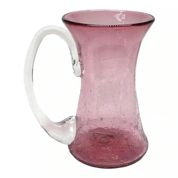 R. FOSTER Cranberry Pink Crackle Glass Pitcher Clear Handle VTG 1997 Signed 5.5" - Picture 3 of 7